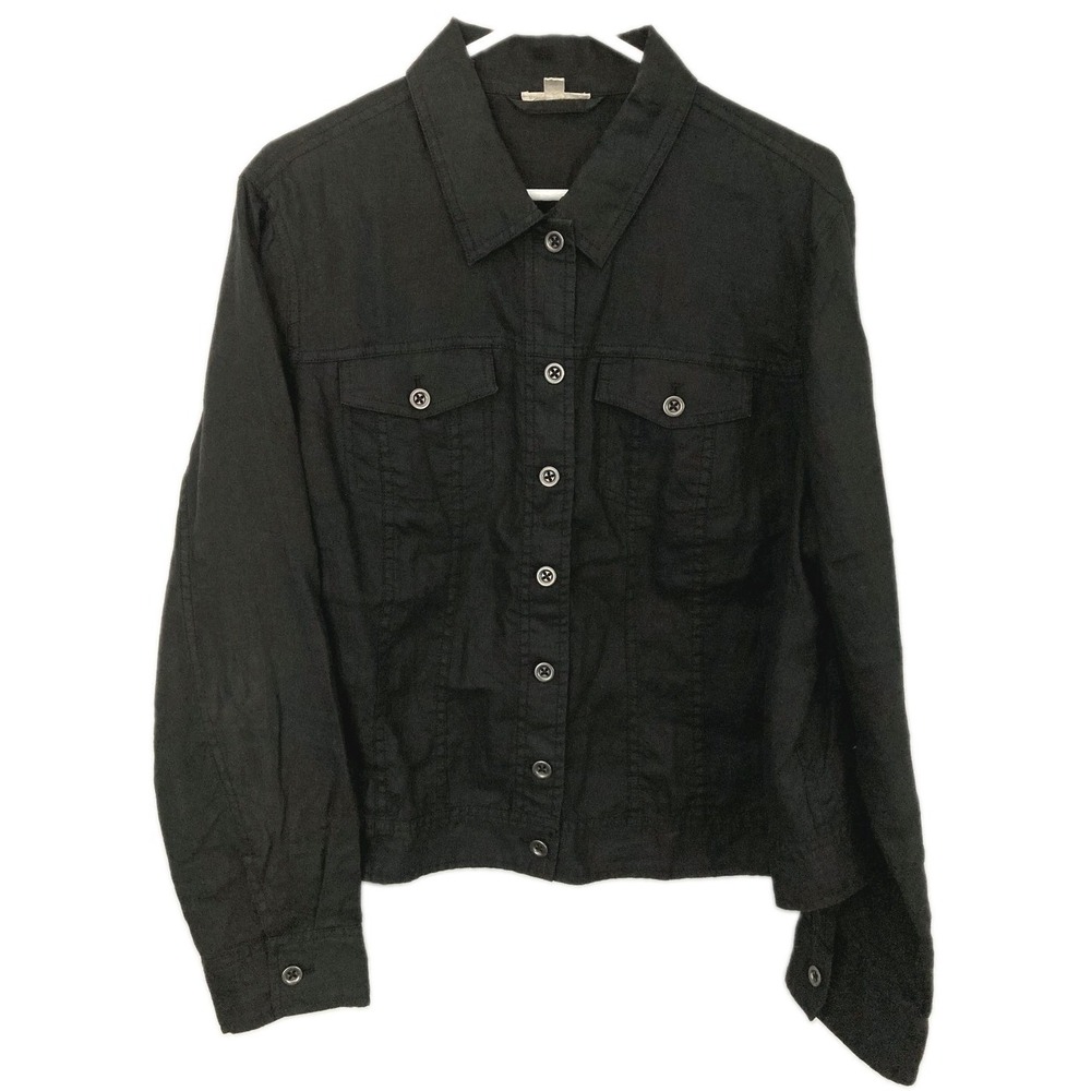 Eileen Fisher Jacket Women 1X Blk 100% Organic Linen Button Front Short 23" EUC